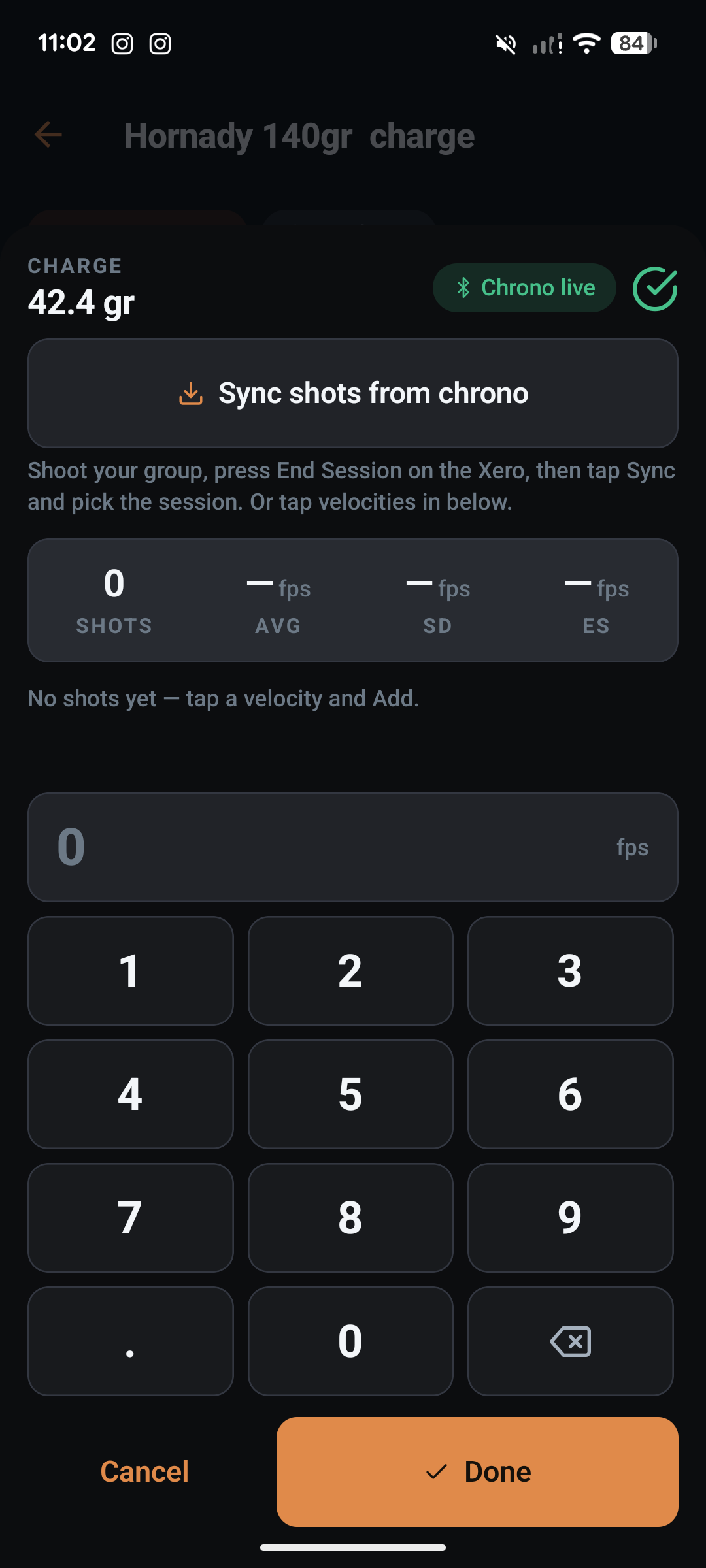 LoadNode velocity entry, syncing or typing in shots from a chronograph