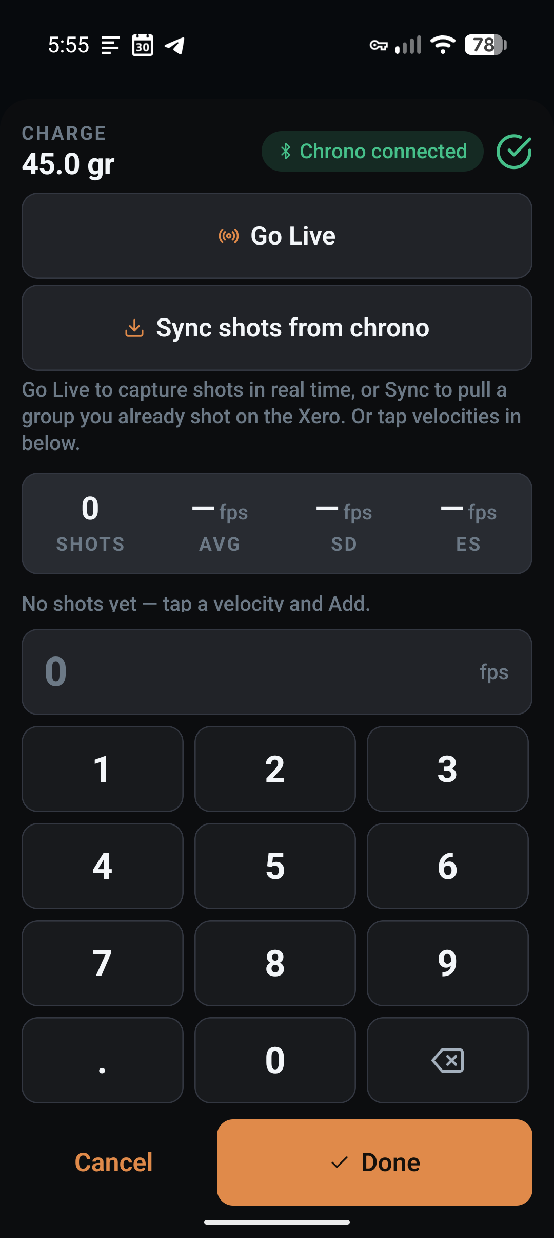Garmin Xero C2 shot log in LoadNode — Go Live and Sync shots from chrono, chrono connected