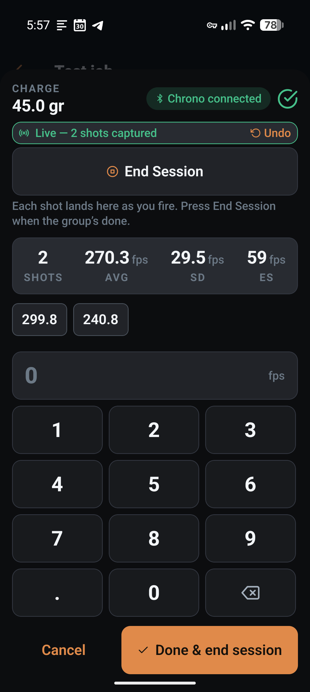Garmin Xero C2 live capture in LoadNode — two shots landed with running SD and ES