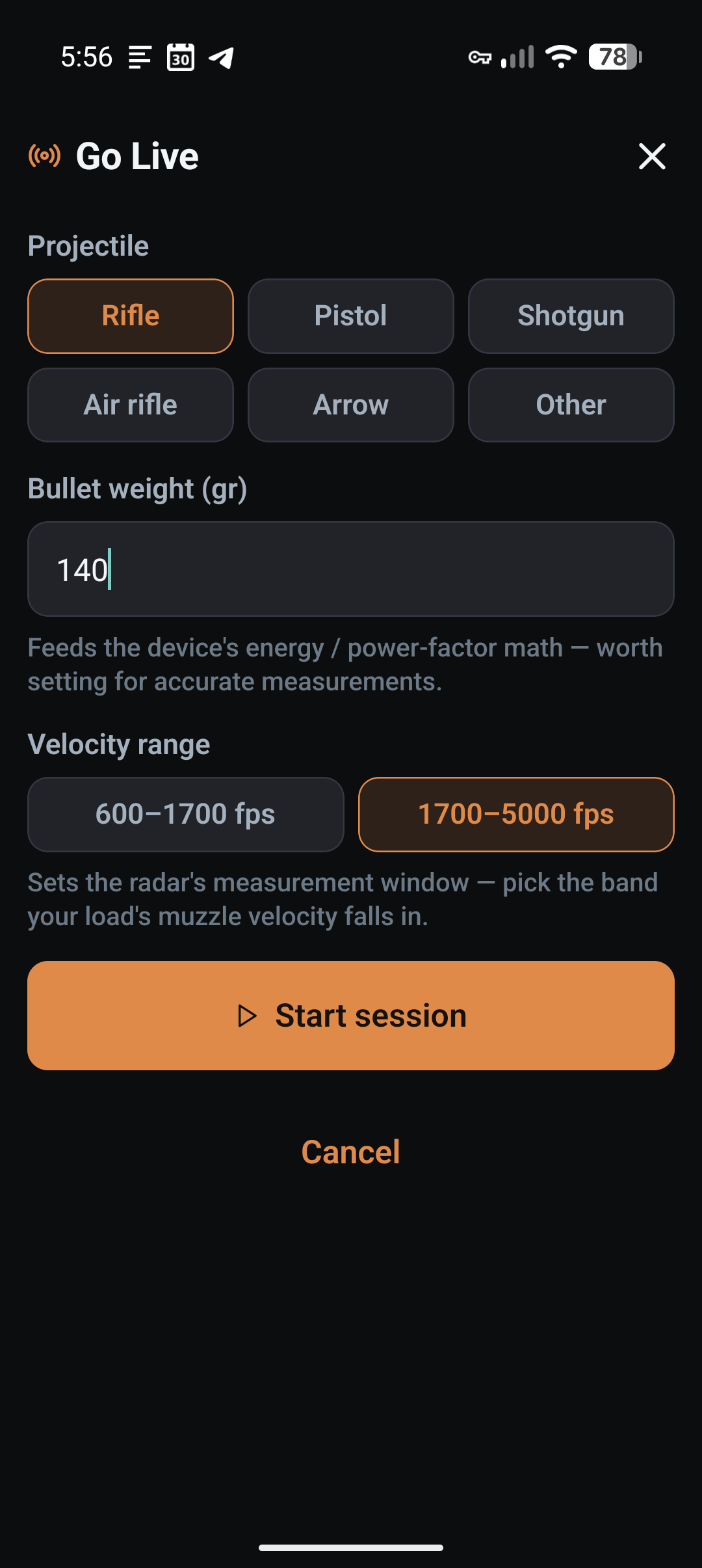 Garmin Xero C2 live session setup in the LoadNode app — projectile, bullet weight and velocity range