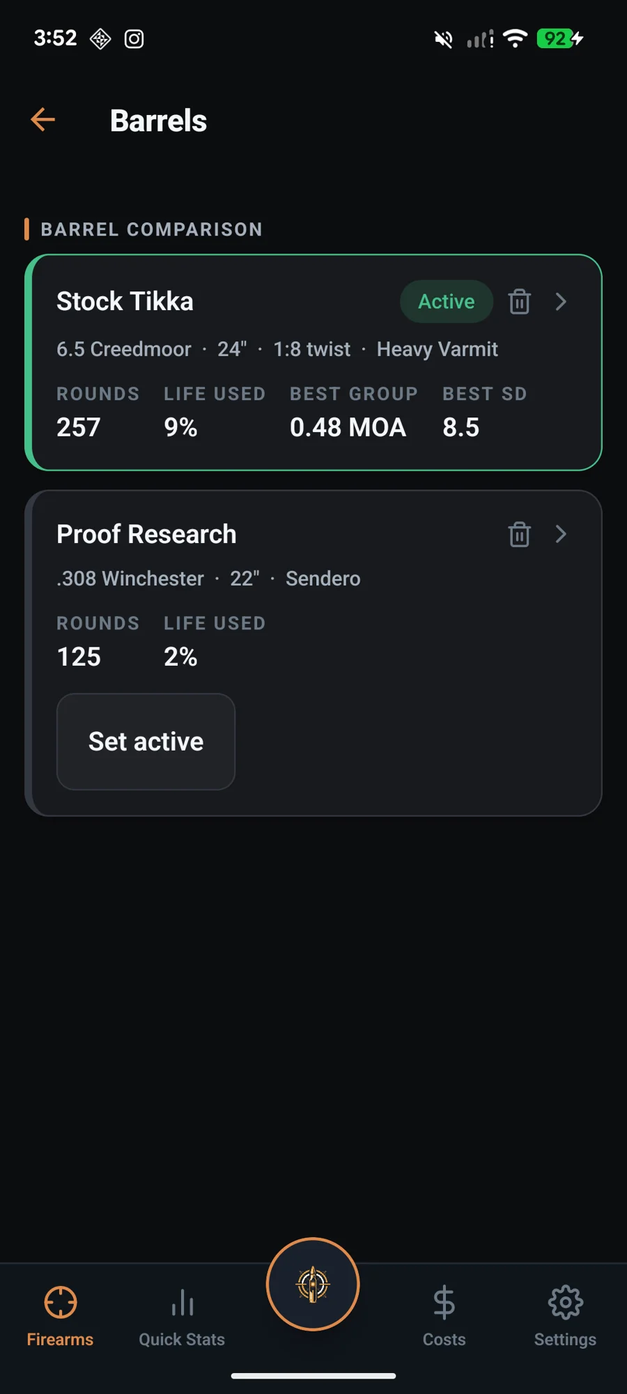 LoadNode barrel comparison showing a Stock Tikka and a Proof Research barrel with rounds, life used, best group and best SD