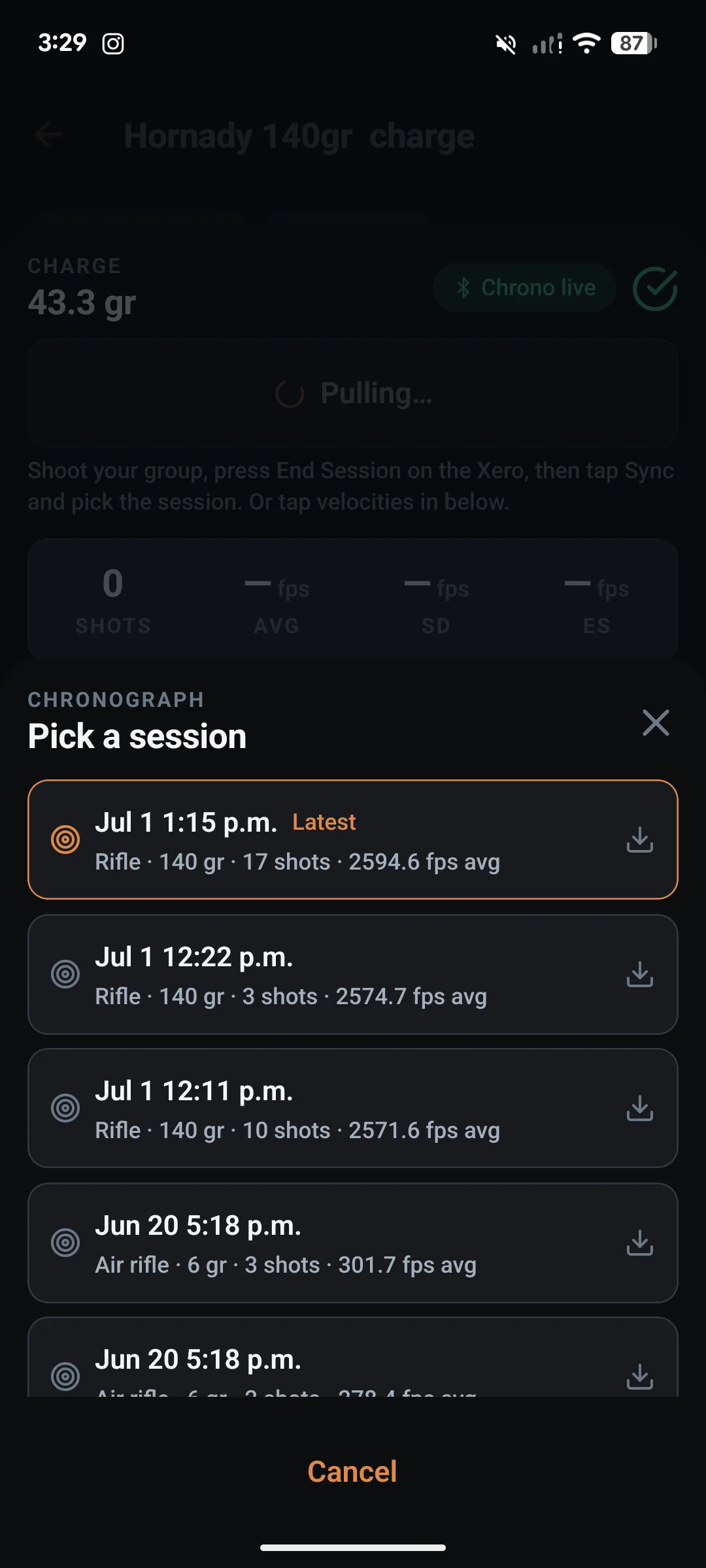 LoadNode picking a saved Garmin Xero session to sync — 17 shots at 2594.6 fps average