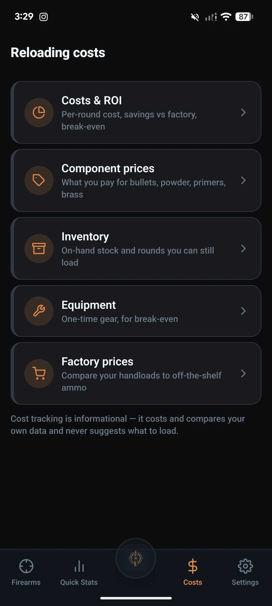 LoadNode reloading costs menu: costs and ROI, component prices, inventory, equipment and factory prices
