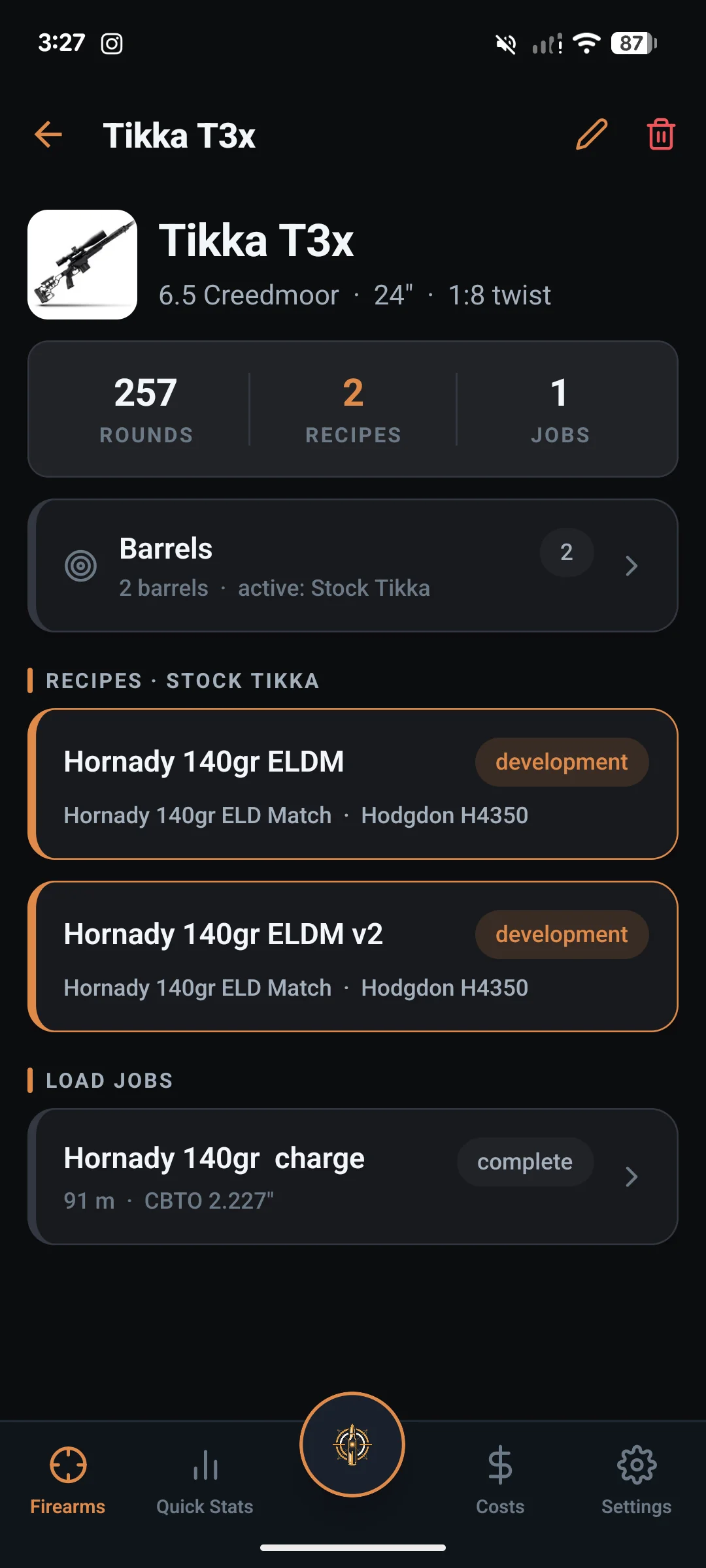 LoadNode firearm detail for a Tikka T3x with barrels, load jobs and two recipe versions including a v2