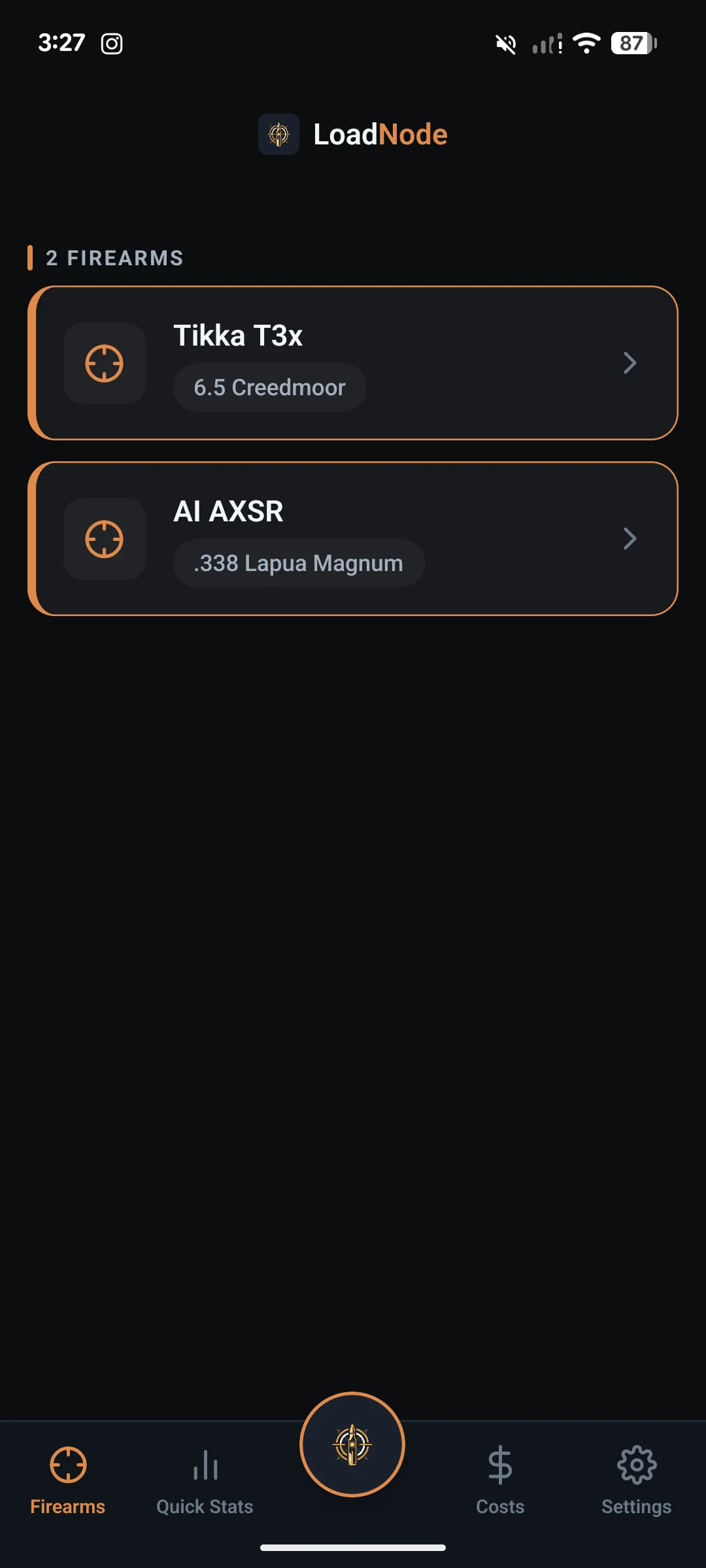 LoadNode firearms list showing a Tikka T3x in 6.5 Creedmoor and an AI AXSR in .338 Lapua Magnum