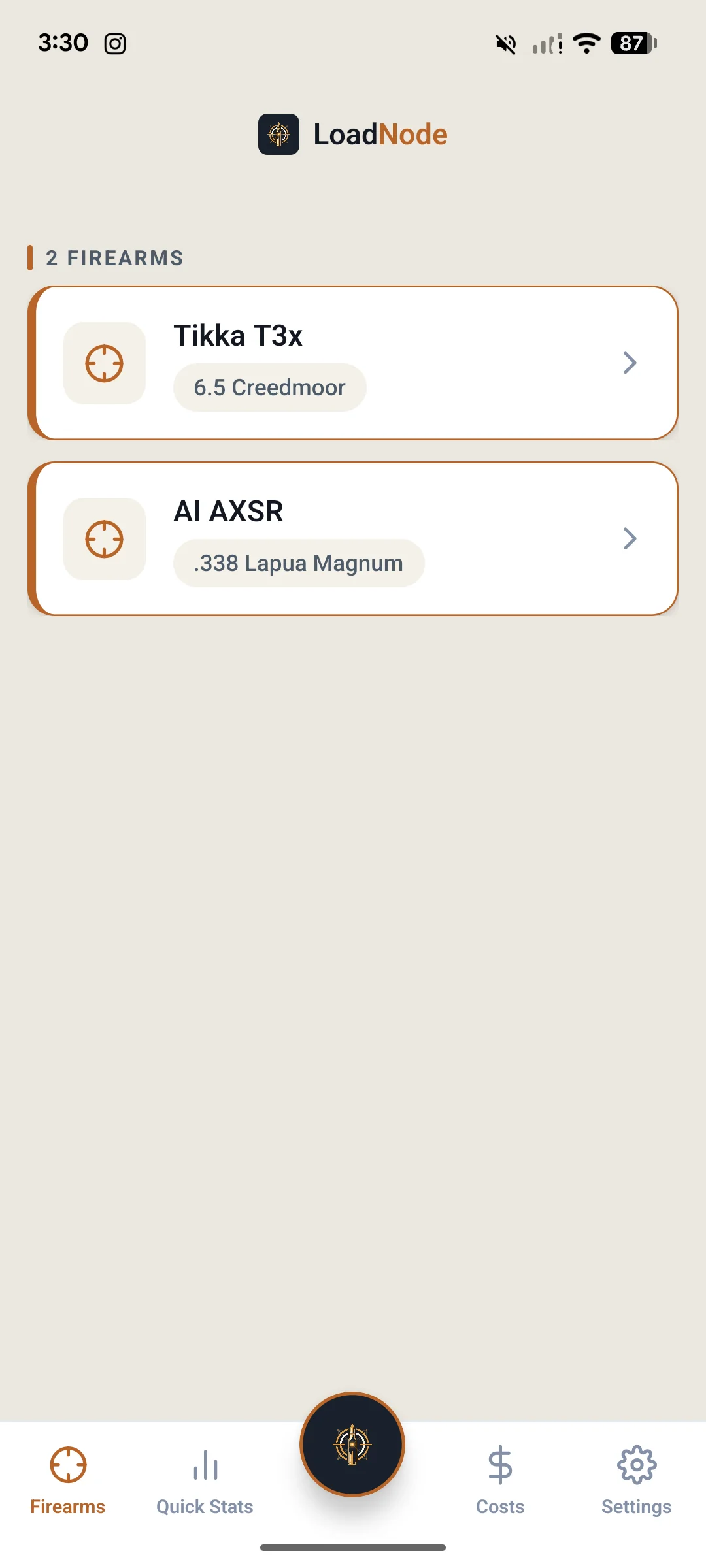 LoadNode firearms list in light theme