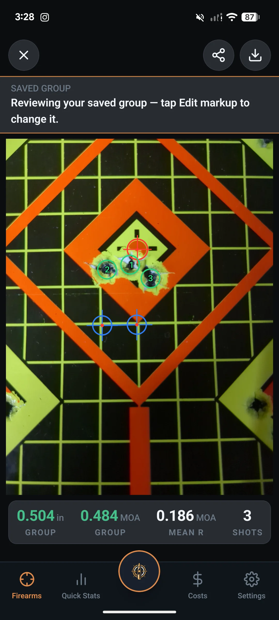LoadNode group measurement screen reviewing a saved 0.48 MOA group with numbered impacts on the target photo