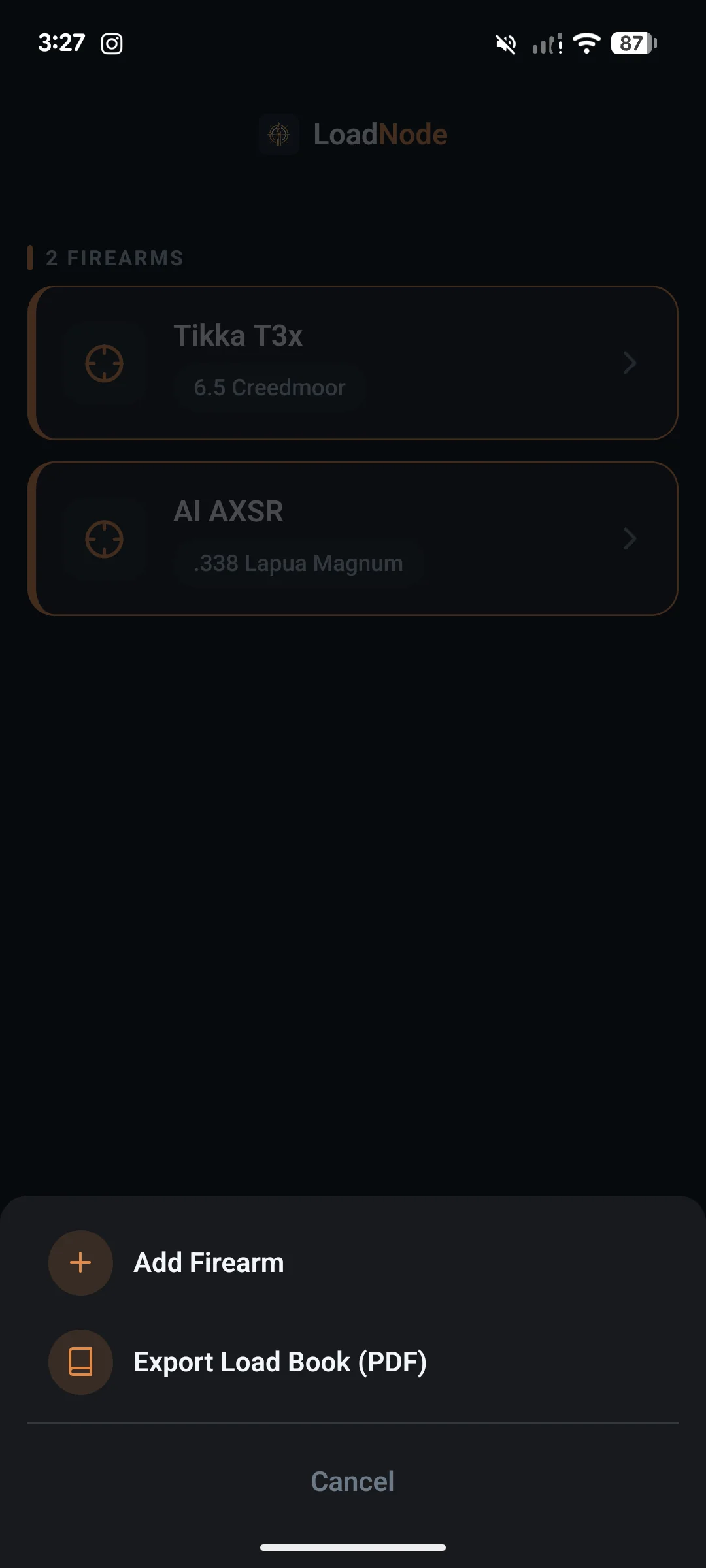 LoadNode centre-button menu with Export Load Book PDF on the firearms screen