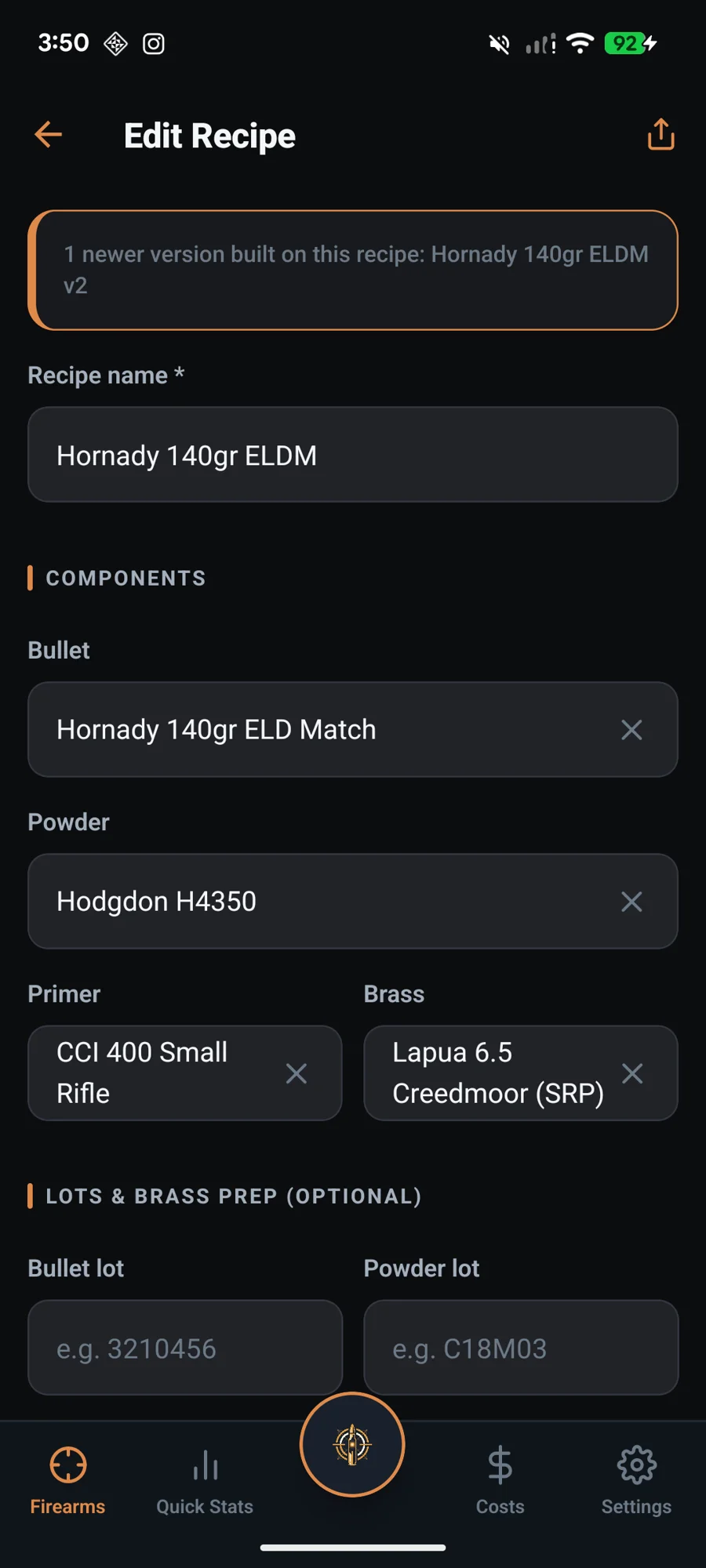 LoadNode recipe editor with Hornady 140gr ELD Match bullet, Hodgdon H4350 powder, CCI 400 primer, Lapua brass and a newer-version lineage banner