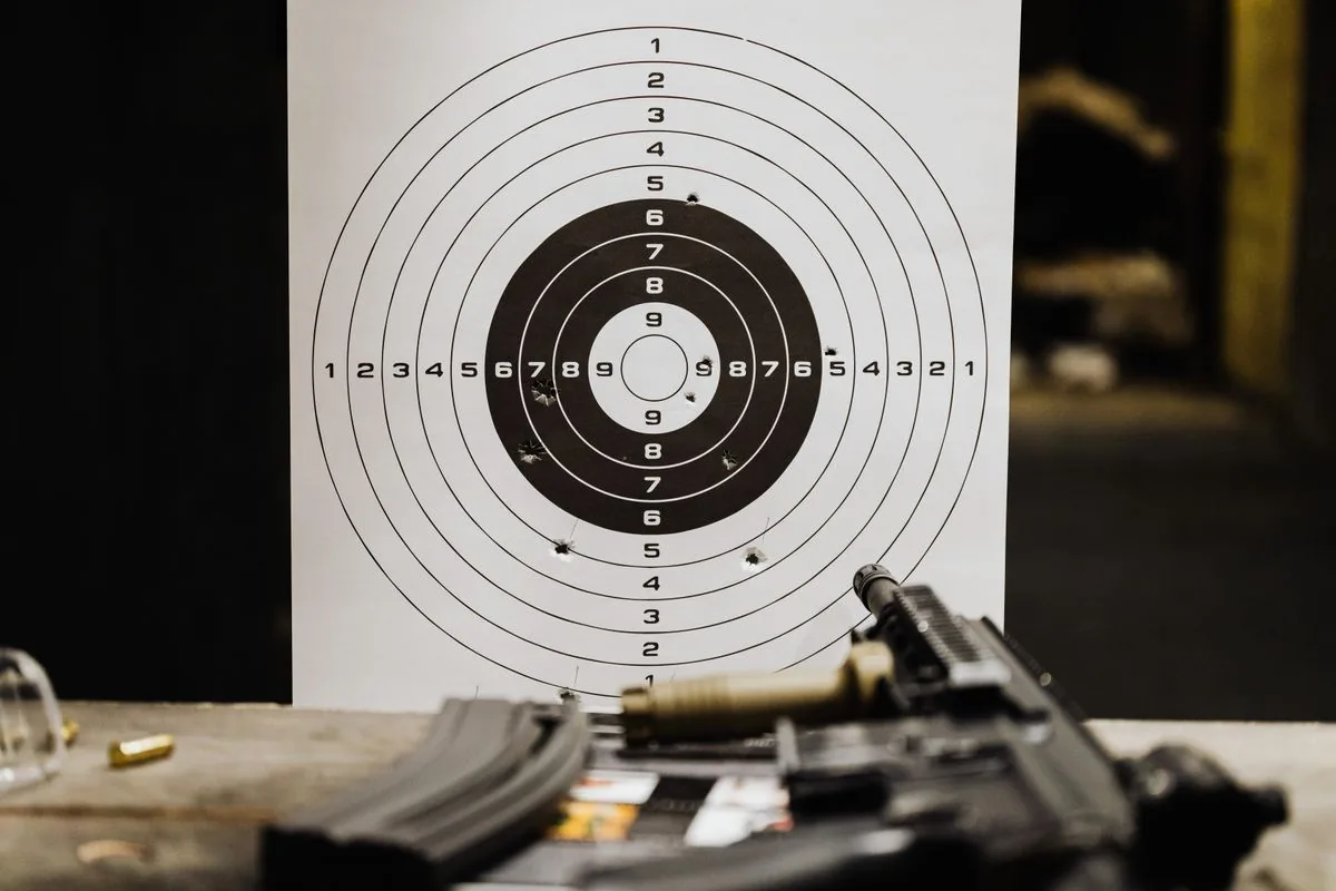 How to measure group size in MOA: a paper bullseye target with a group of bullet holes at the range