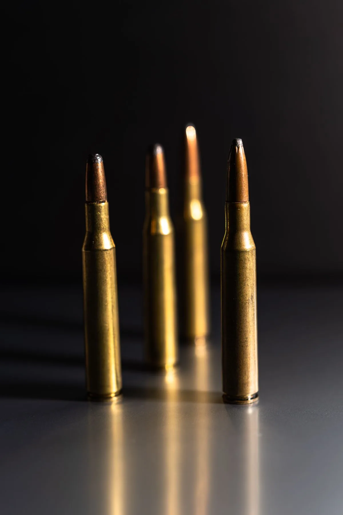 Temperature stable powder keeps velocity consistent: loaded rifle cartridges standing upright