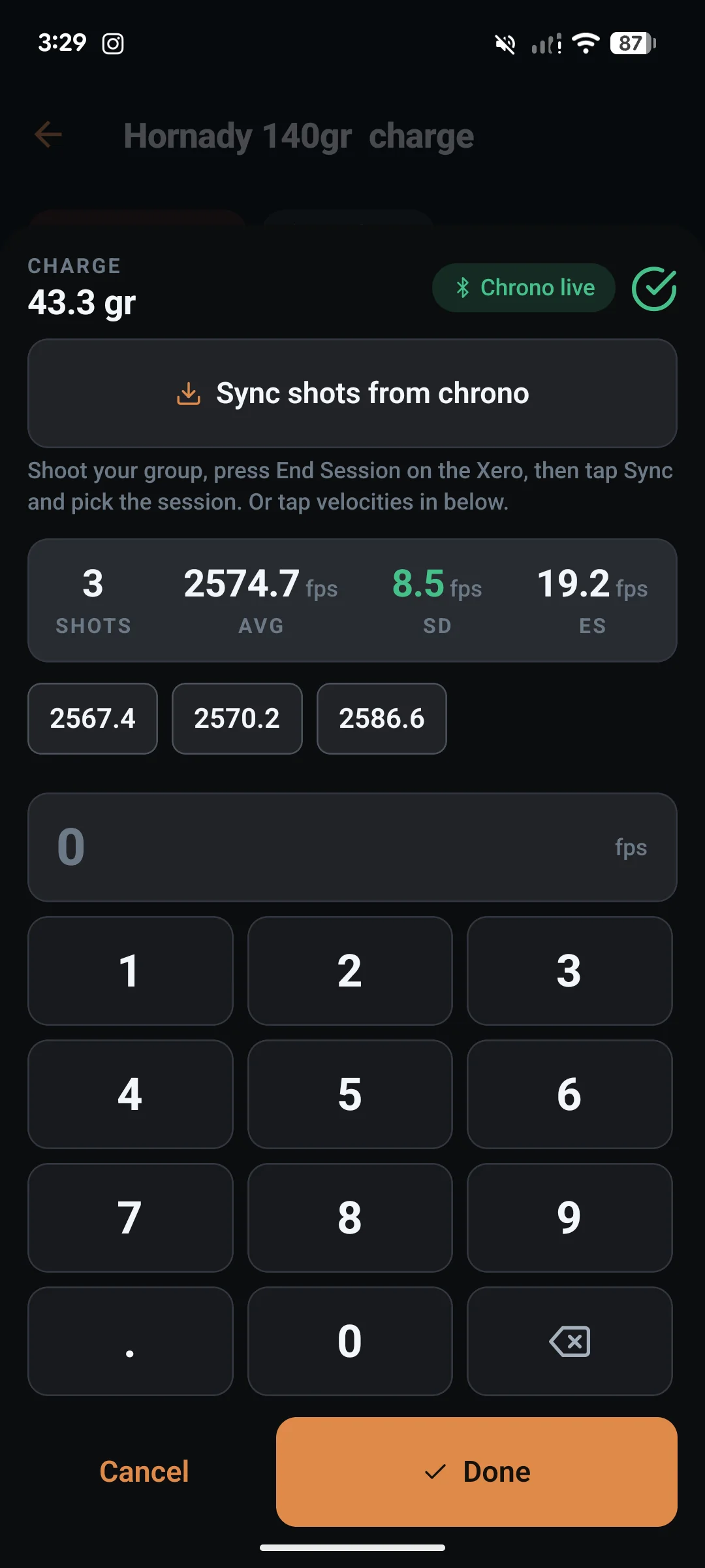 LoadNode velocity entry with a Chrono live badge syncing shots from a Garmin Xero