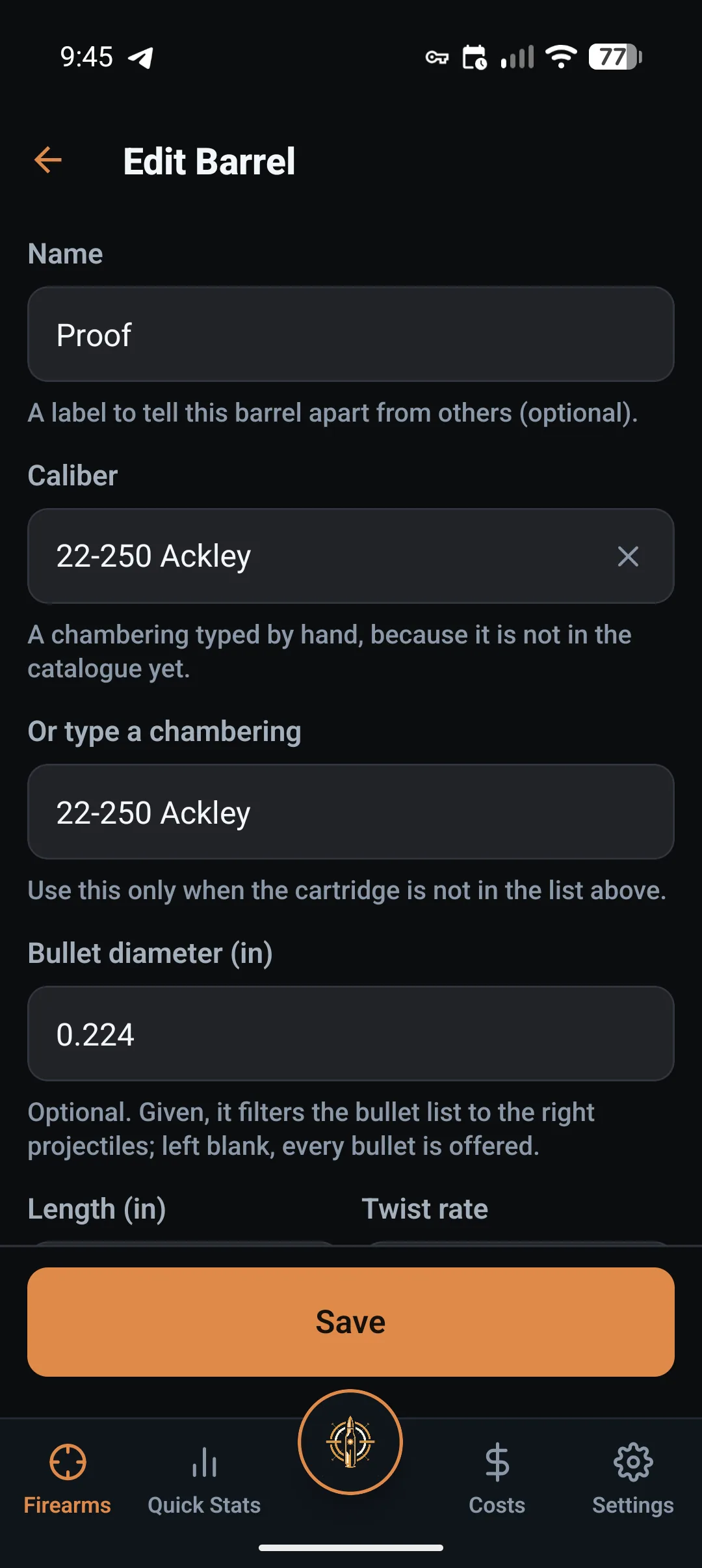 LoadNode Edit Barrel screen for a Proof barrel chambered in 22-250 Ackley, typed by hand, with a 0.224 bullet diameter