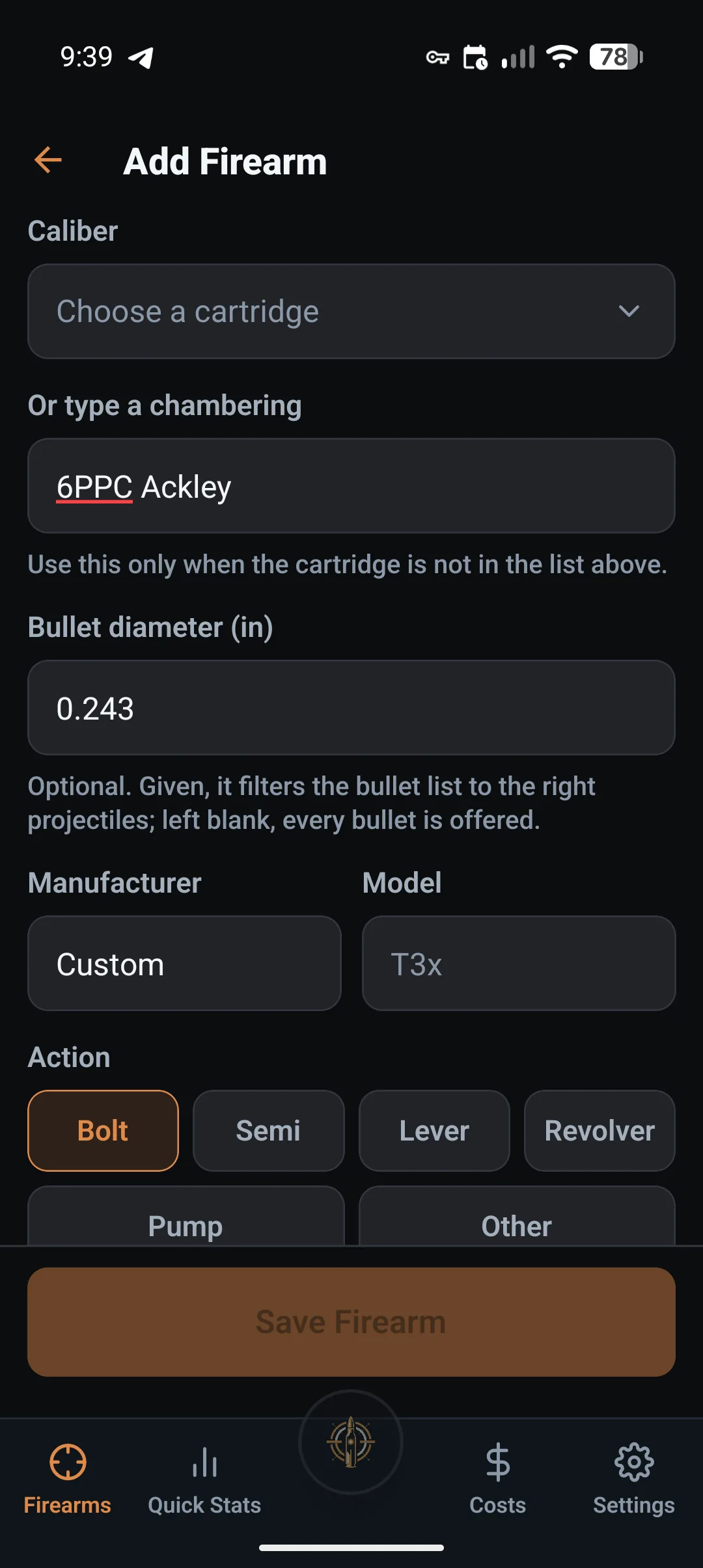 LoadNode Add Firearm screen with 6PPC Ackley typed into the Or type a chambering field and a 0.243 bullet diameter