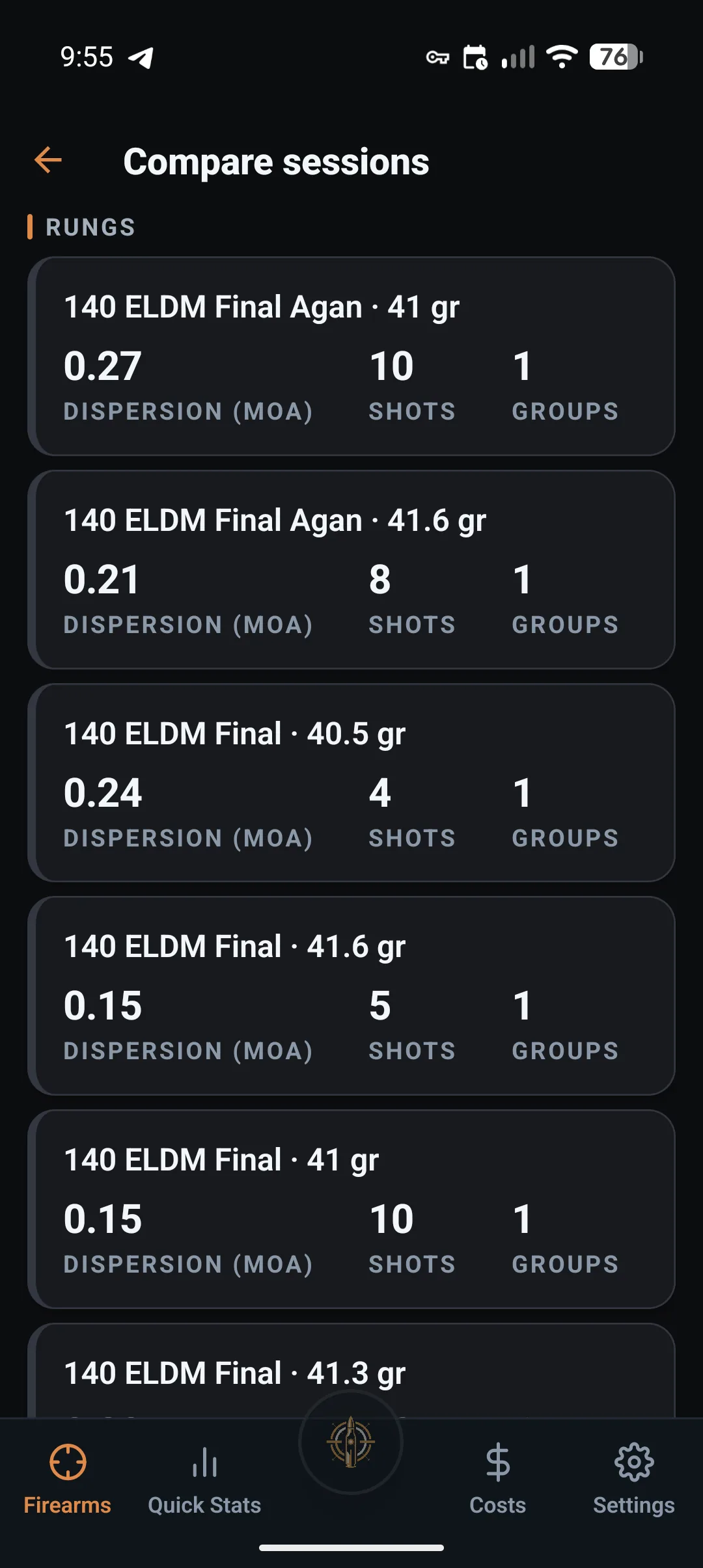 LoadNode Compare sessions screen with rungs from two load jobs listed together, each showing dispersion in MOA, shot count and number of groups