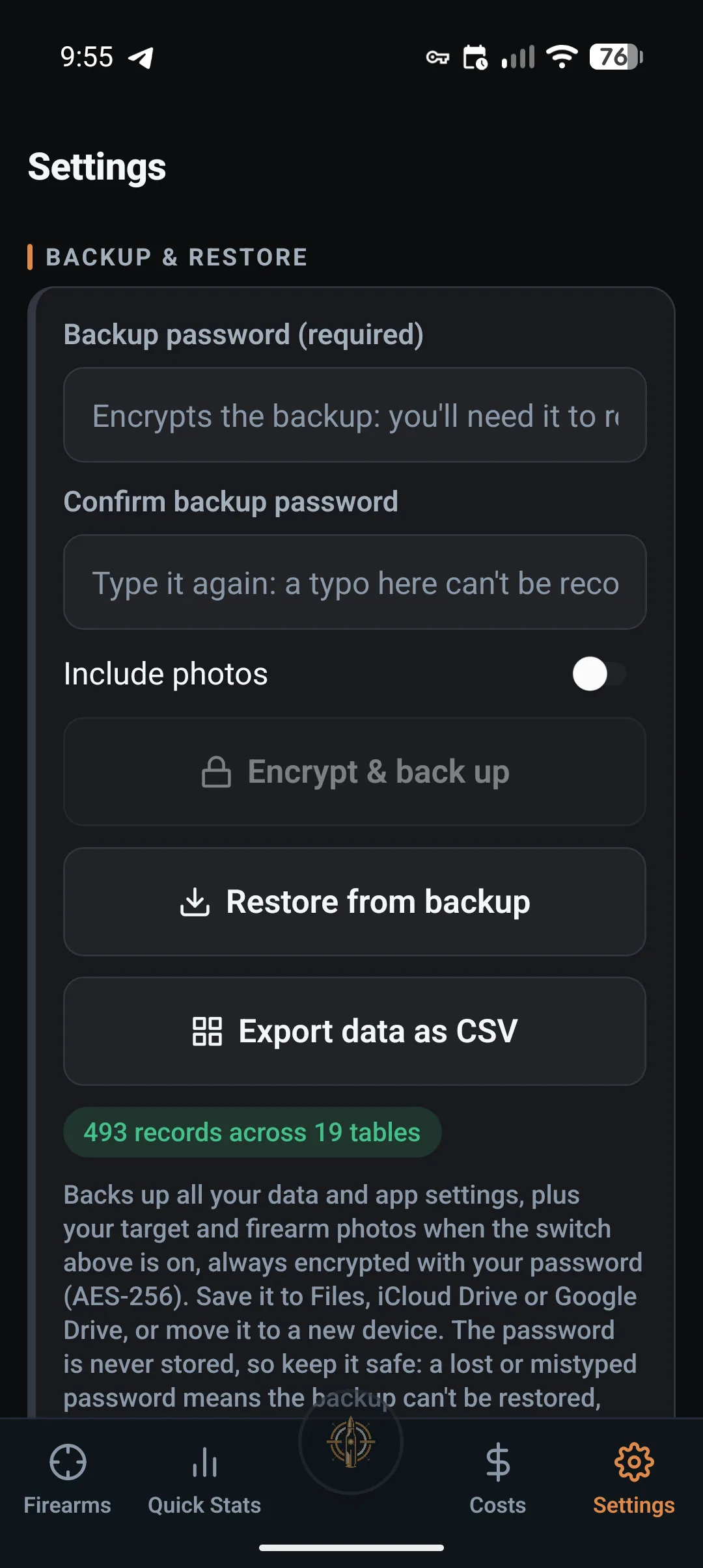 LoadNode Settings backup and restore section with Export data as CSV and a badge reading 493 records across 19 tables